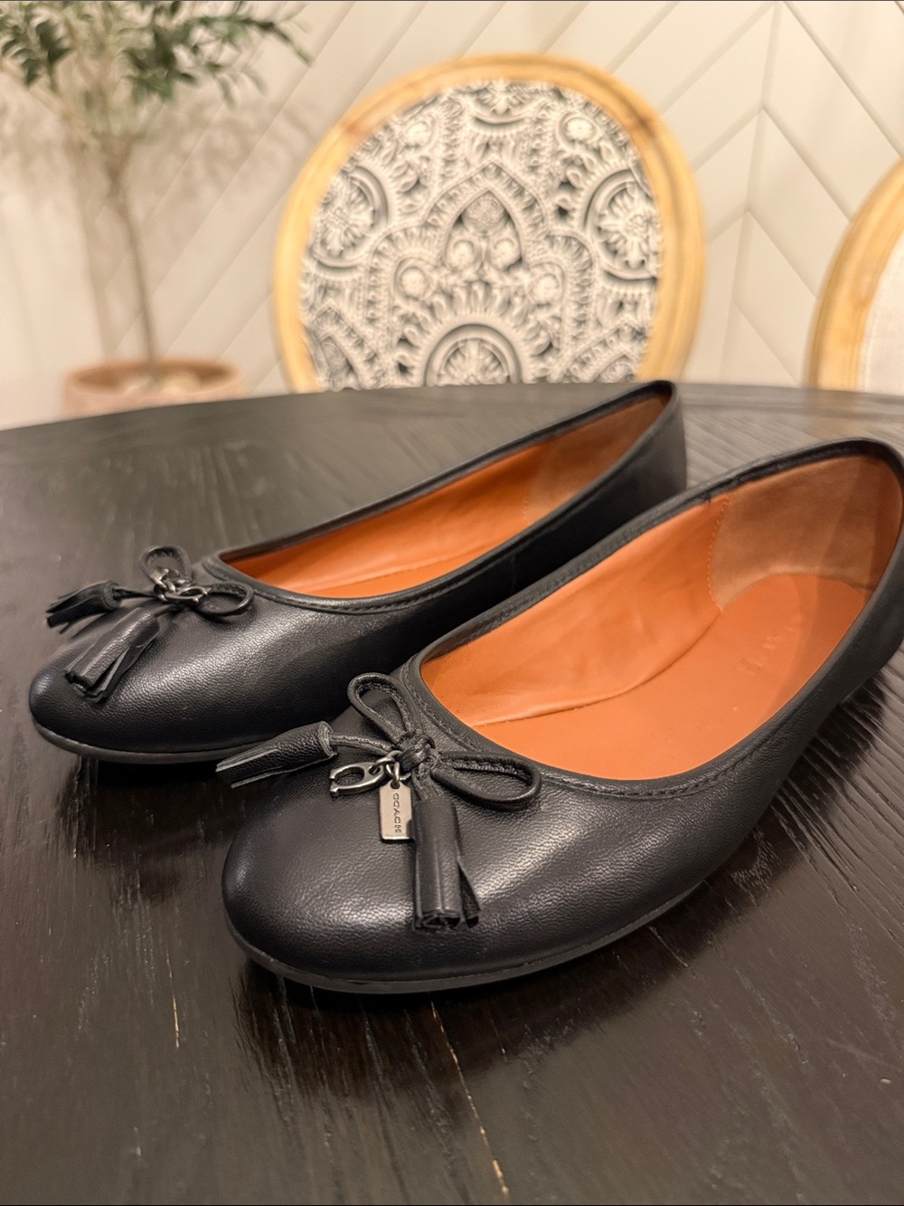 Coach Black Leather Ballet Flats with Tassel Bow